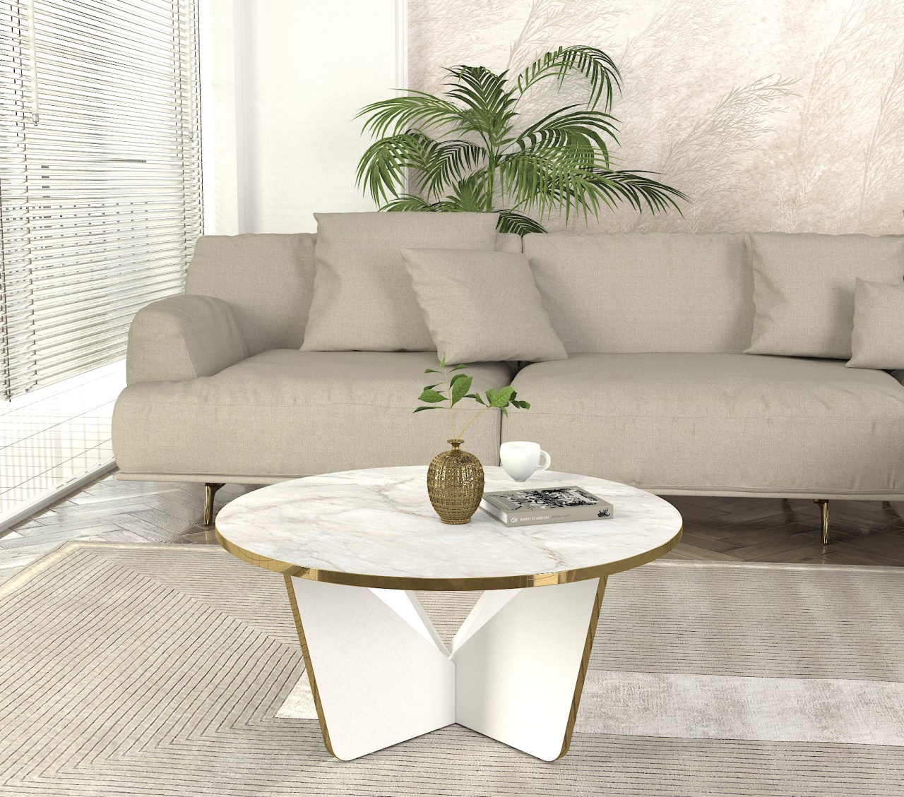 Masă de cafea, Marble Elegance, UnicUtil, 75x75x35 cm, Alb-Auriu
