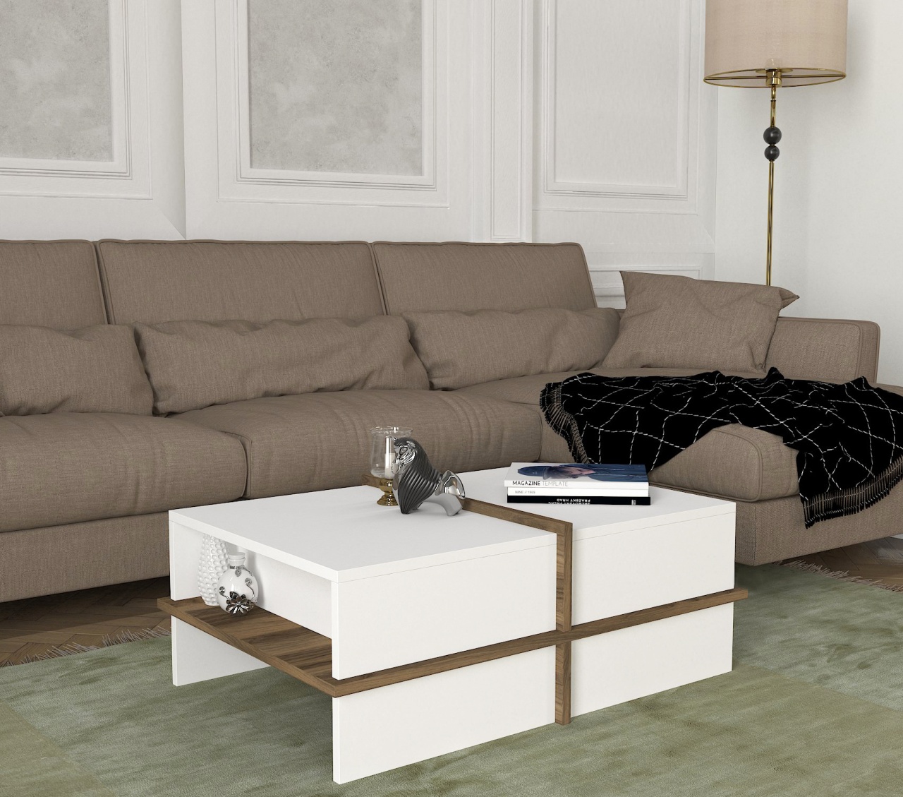 Masa de cafea UnicUtil Plus cu spatii de depozitare pe lateral, 90 x 60 x 35 cm, Alb-Maro