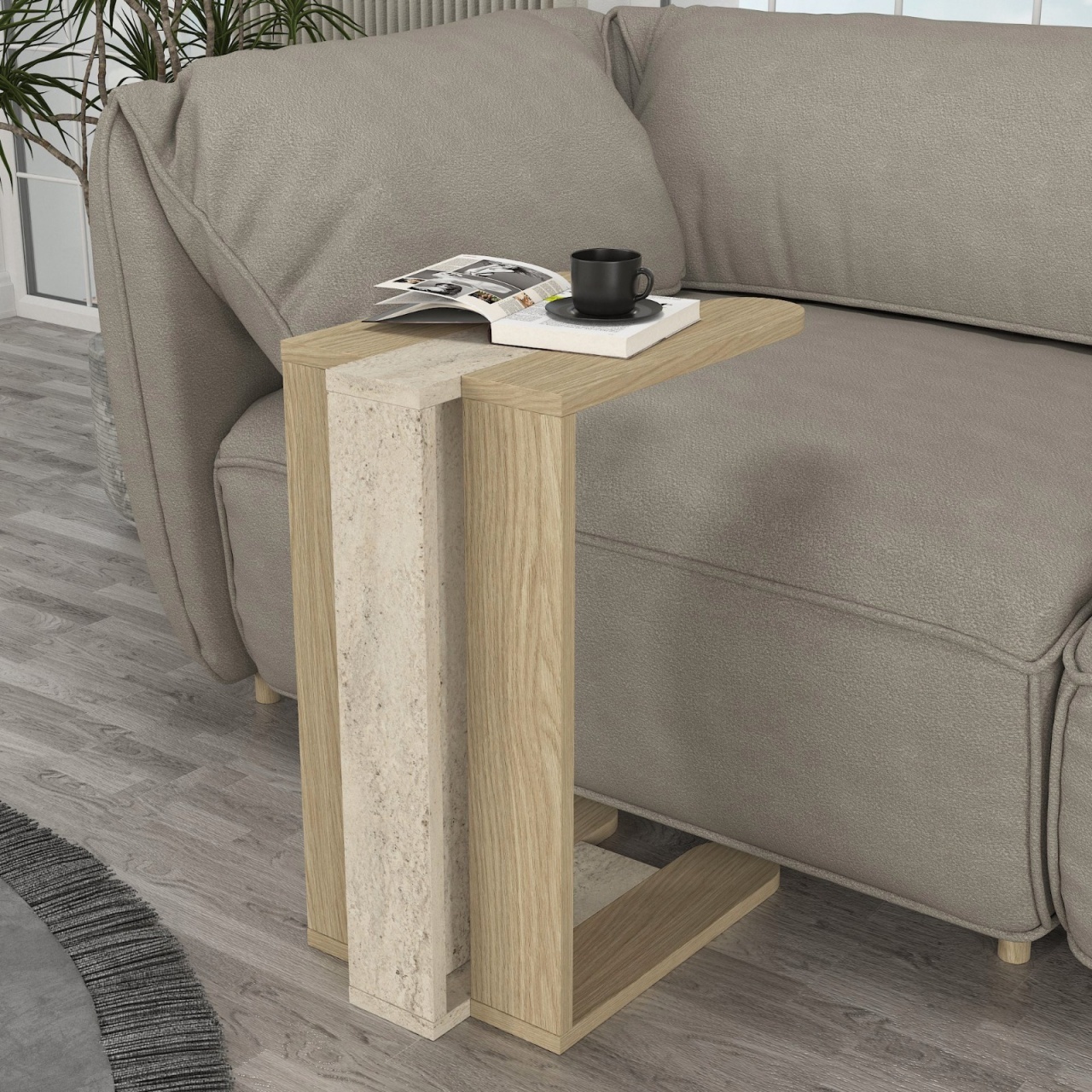 Măsuță laterală Maysa din pal melaminat finisaj travertin, compactă și practică pentru decor modern, 45 x 30 x 58.6 cm