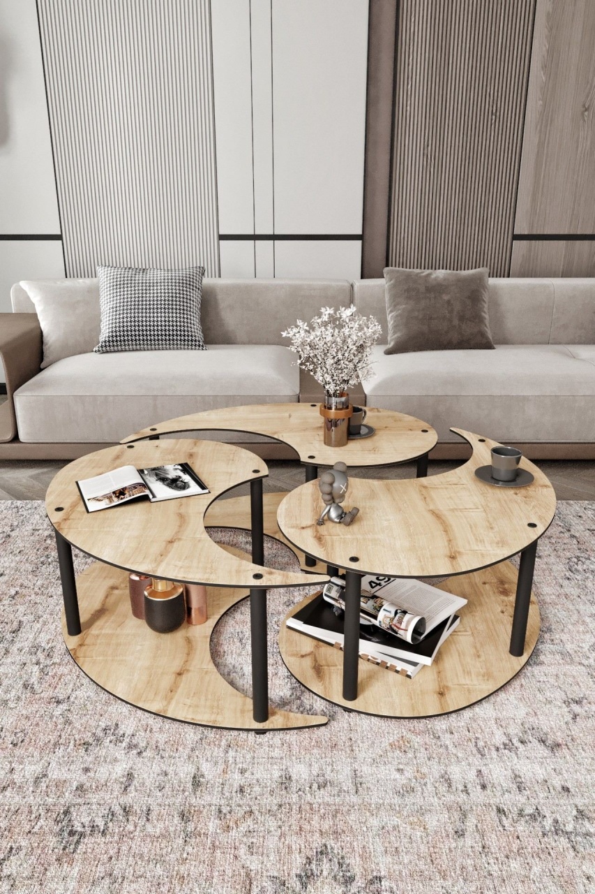 Set de măsuțe de cafea, Yin Yang, UnicUtil, Stejar, Diametru: 70 cm, Înălțime: 38 cm