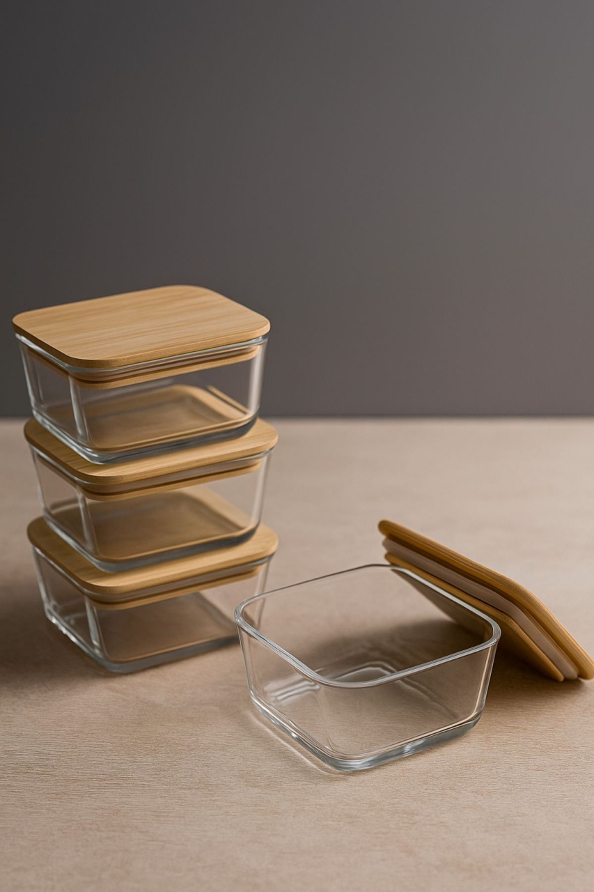 Set recipiente depozitare din sticla cu capac din bambus, 4 x 300 ml