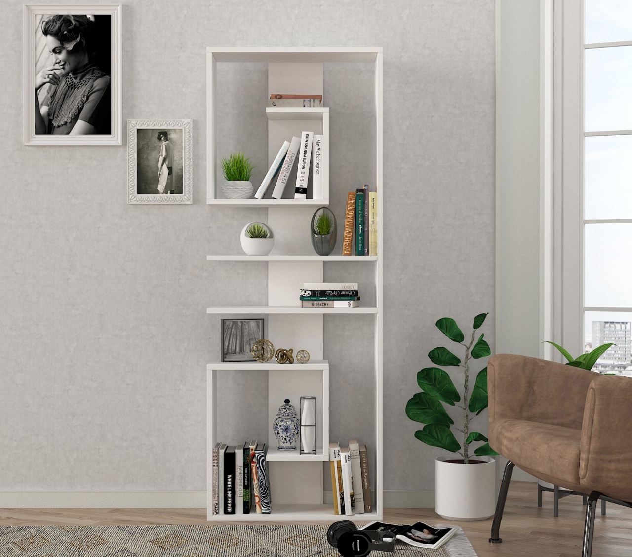 Biblioteca, Geometric Charm, UnicUtil, 60 x 19.6 x 161.8 cm, Alb