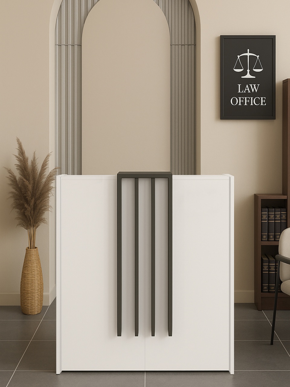 Birou recepție Hola din pal melaminat alb-antracit, design modern și profesional pentru spații de primire, 93.6 x 40 x 110.3 cm