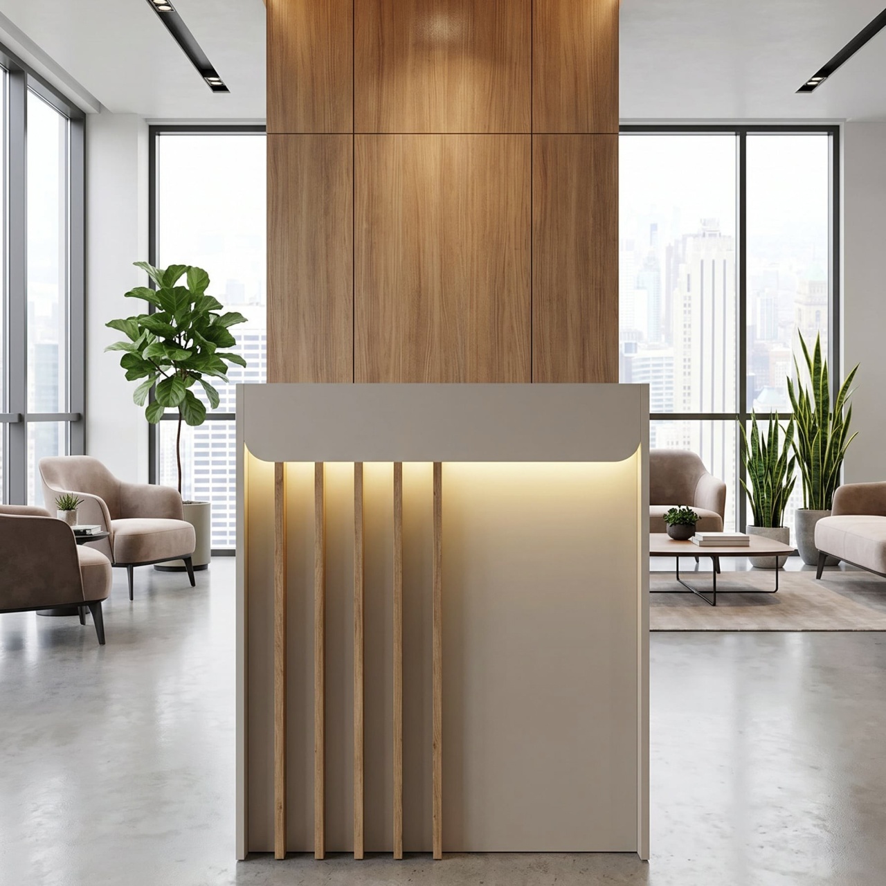 Birou recepție Karibu din pal melaminat, culoare Sandstone - Crem Nisipiu cu iluminare LED – modern și sofisticat, 90 x 40 x 110.3 cm