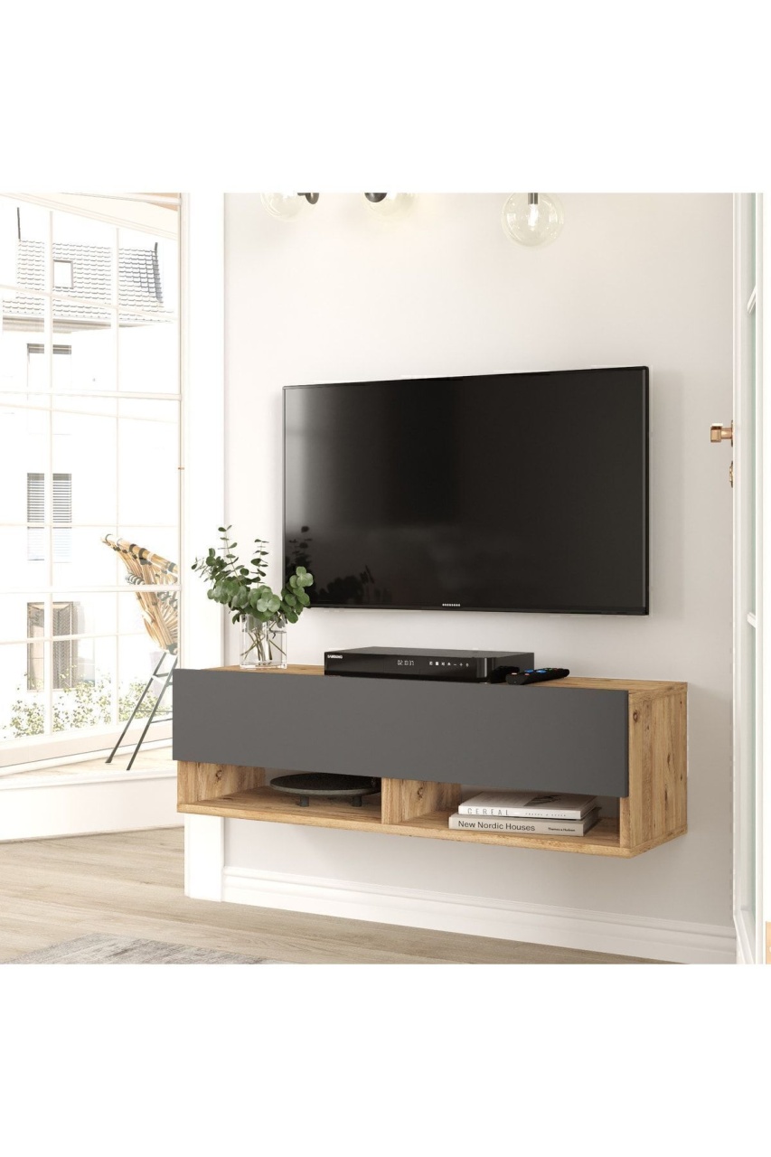 Comodă TV cu uși și raft, 100x31.6x29.6 cm, Pin-Antracit, PAL melaminat, UnicUtil