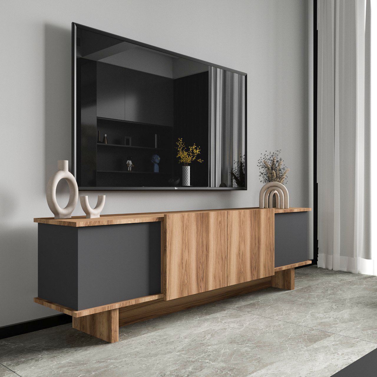 Comoda TV, Diana Anthracite, UnicUtil, Antracit-Nuc, Lățime: 180 cm, Înălțime: 50 cm, Adâncime: 33 cm