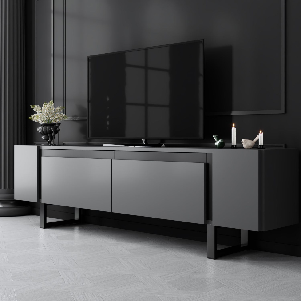 Comoda TV, Yildiz Anthracite, UnicUtil, Antracit-Negru, Lățime: 180 cm, Înălțime: 50 cm, Adâncime: 30 cm