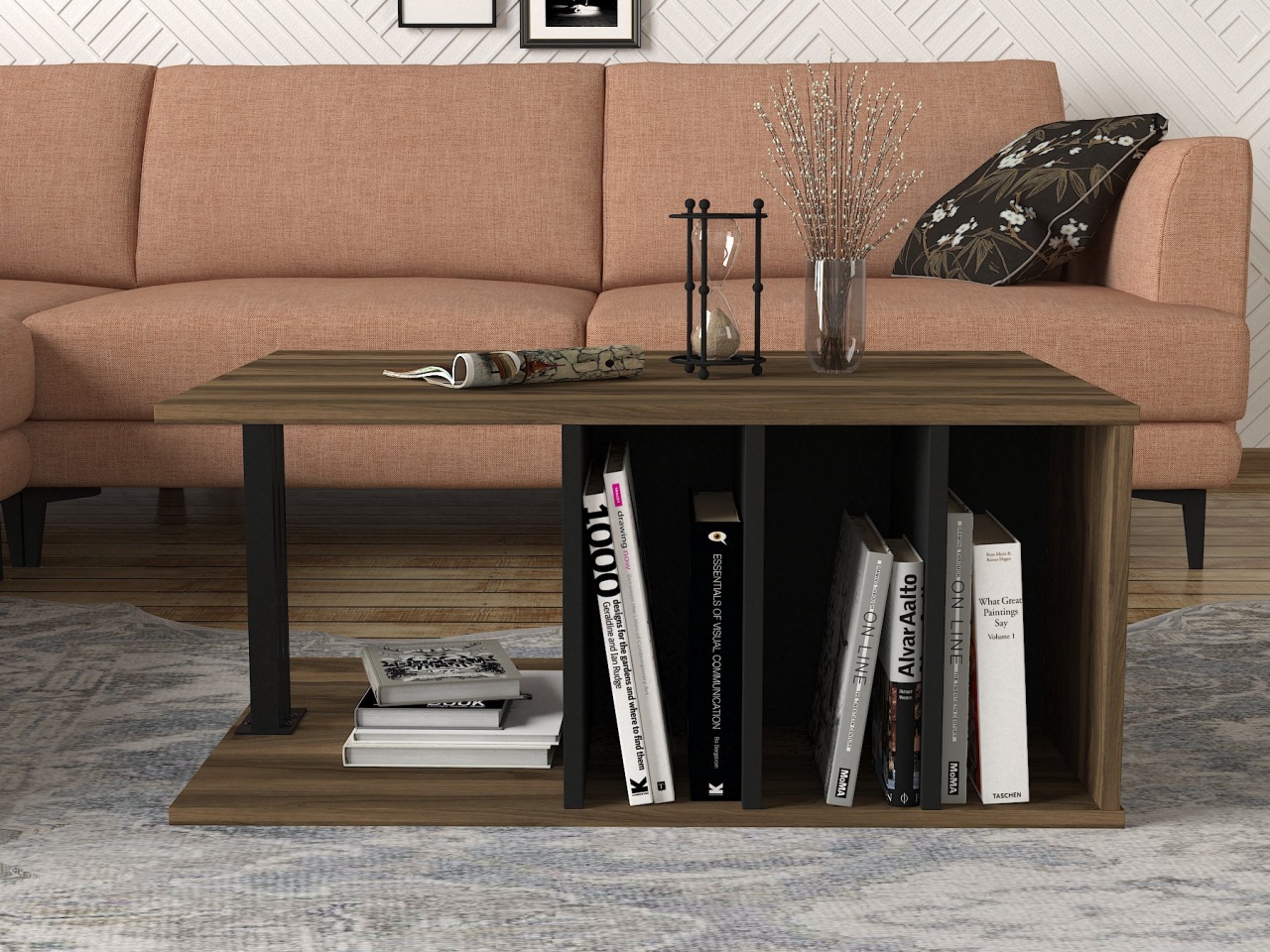 Masa de Cafea cu spatii de depozitare, UNICUTIL 90 X 60 X 60, Maro-Negru