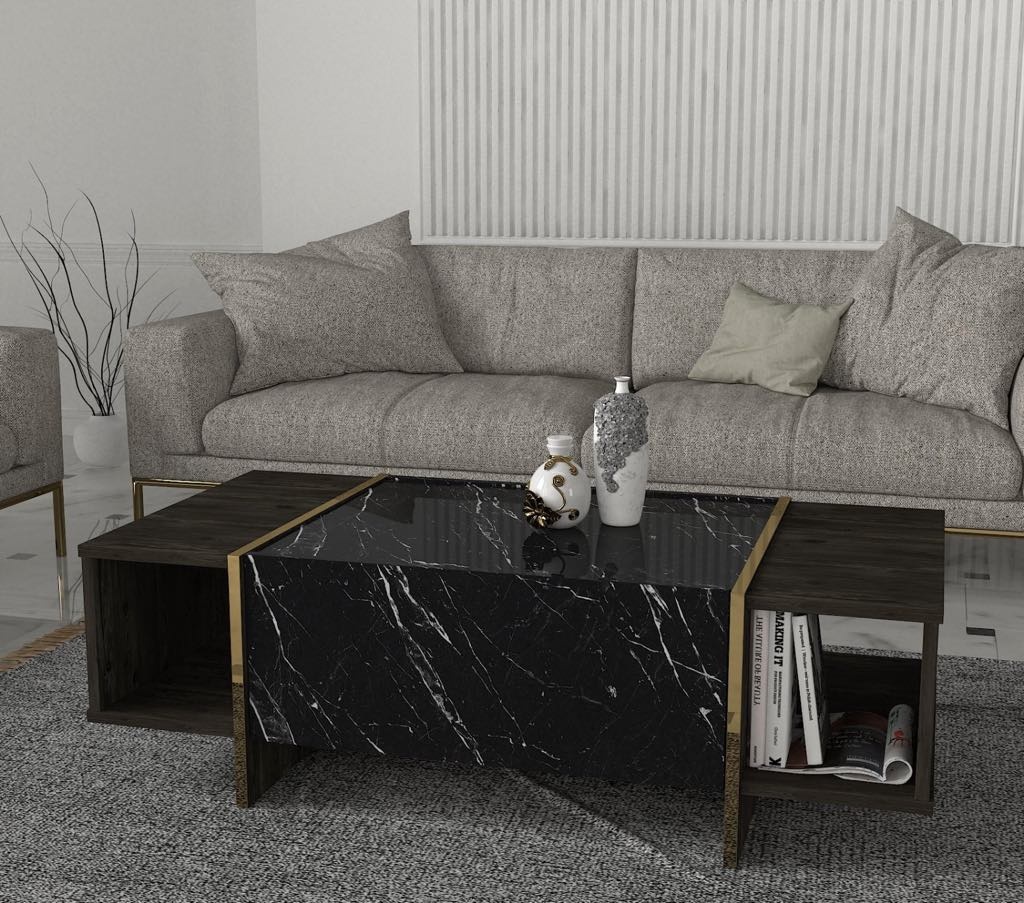 MASA DE CAFEA, Marble Luxe, UnicUtil, 120 x 60 x 37.3 cm, Negru și Auriu