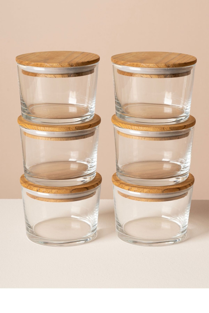Set recipiente depozitare din sticla cu capac din bambus, 6 x 220 ml