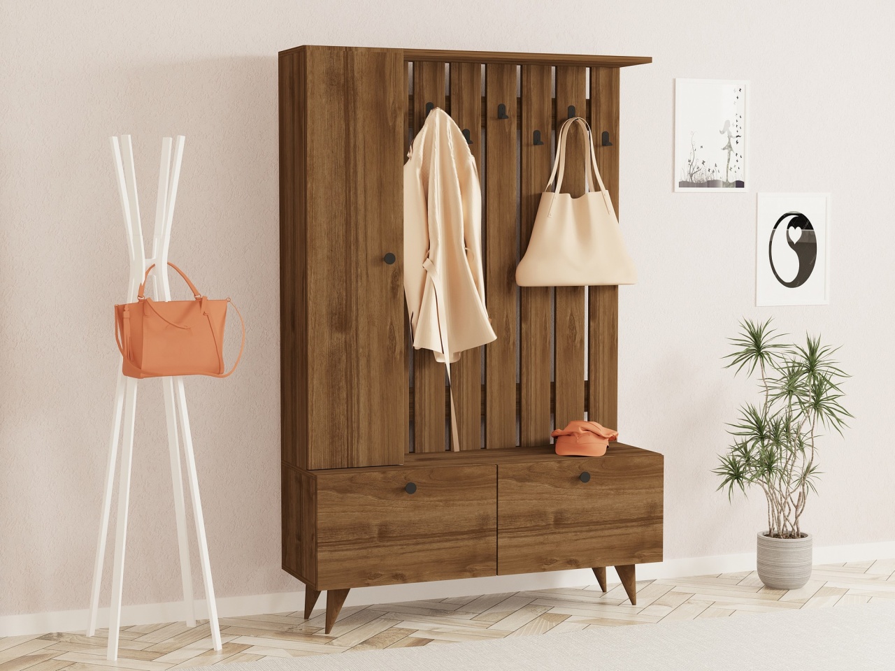 Stand de hol, Lala Walnut, UnicUtil, Nuc, Lățime: 112 cm, Înălțime: 170 cm, Adâncime: 35 cm