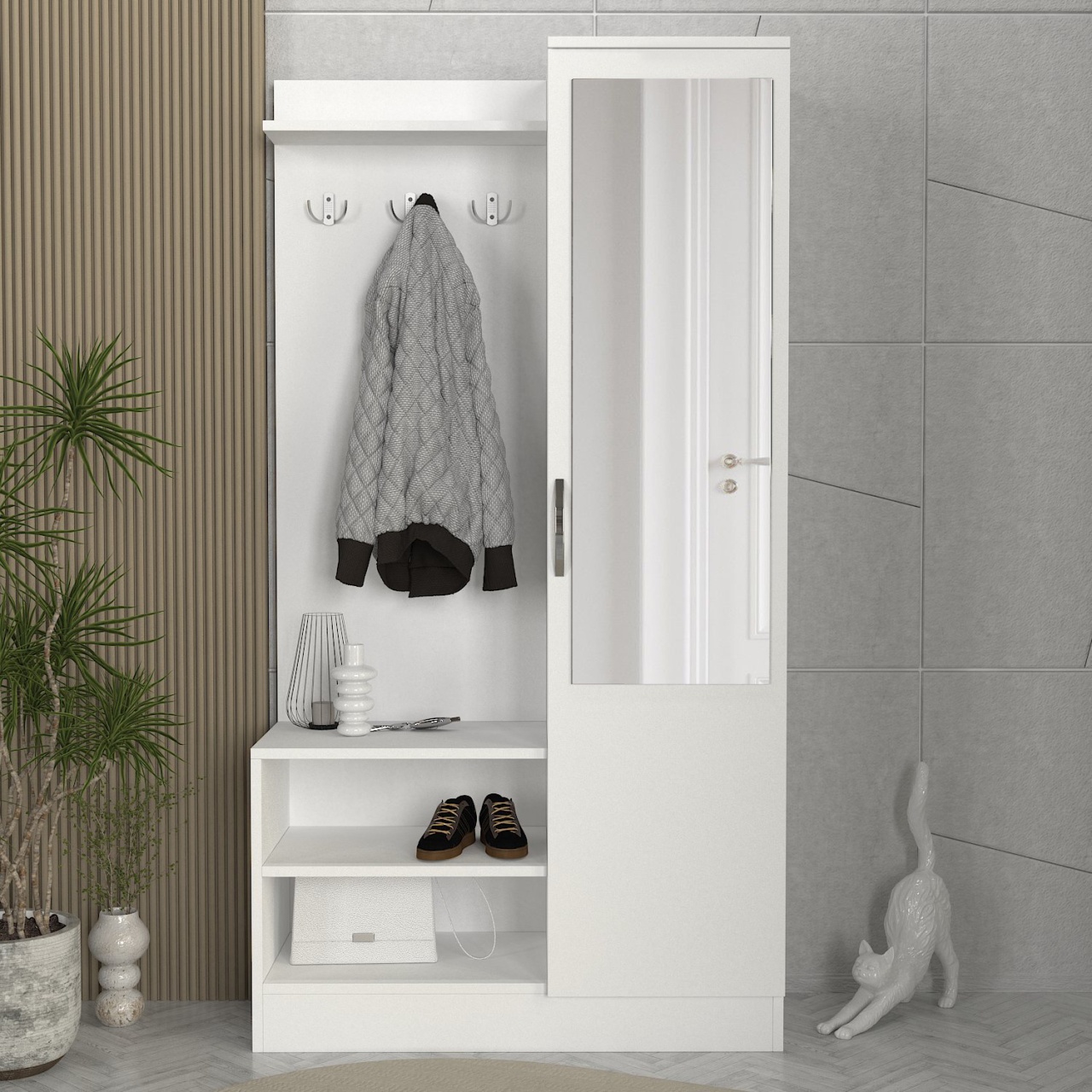 Cuier Multifunctional cu Oglindă și Pantofar, White Harmony, UnicUtil, 90 x 36.8 x 170 cm, Alb