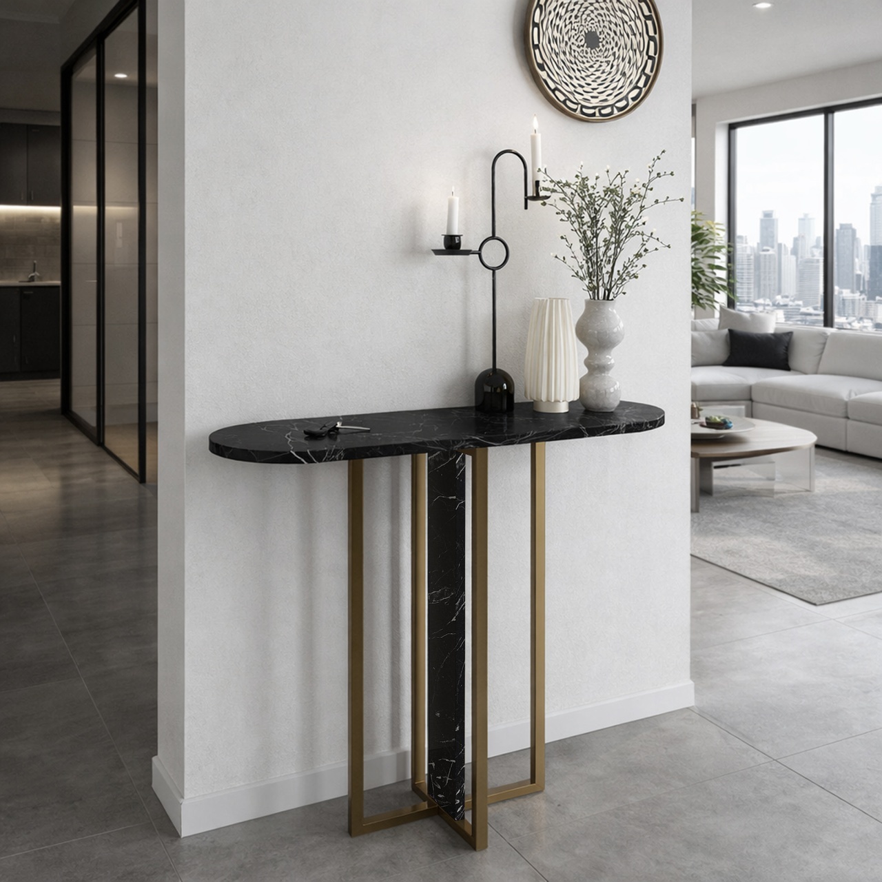 Masă decorativă Boressi din pal melaminat cu finisaj Black Marble, eleganță modernă pentru interior rafinat, 90 x 29.6 x 75 cm