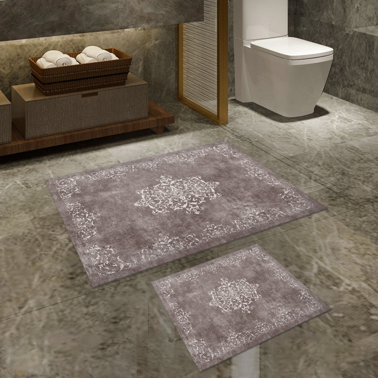 Set covorase baie 2 piese, Chic Finish, UnicUtil, Taupe Gri, Crem Gri