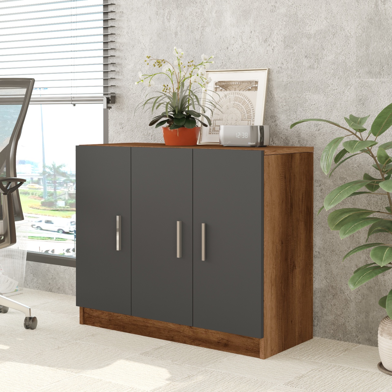 Comoda cu 3 usi UnicUtil Nuc - Gri Antracit pentru birou 89.1 x 38.1 x 73.8 cm