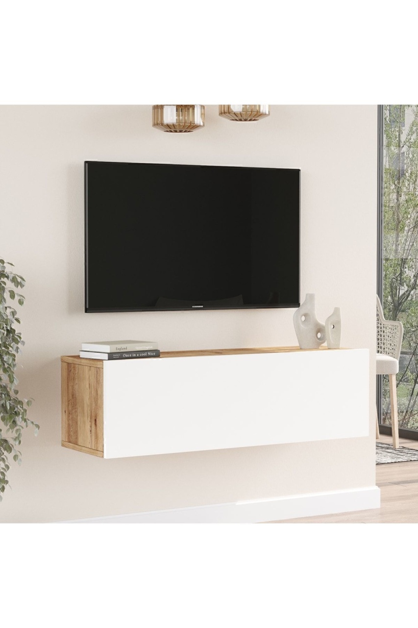 Comodă TV cu uși, 100x31.6x29.6 cm, Pin-Alb, PAL melaminat, UnicUtil