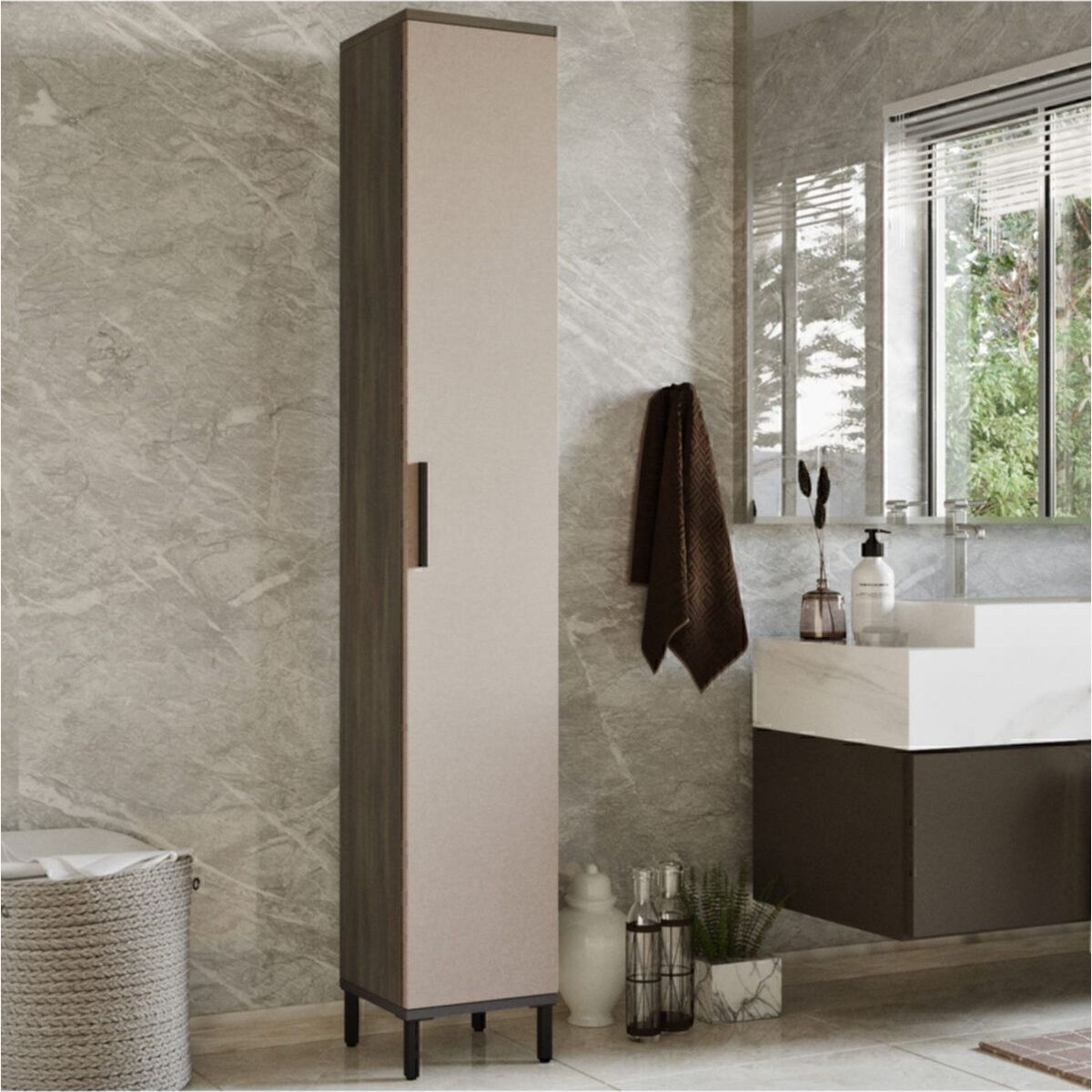 Dulap multifuncțional îngust pentru baie și bucătărie, 29.5x29.5x183.6 cm, Maro-Crem-Antracit, UnicUtil