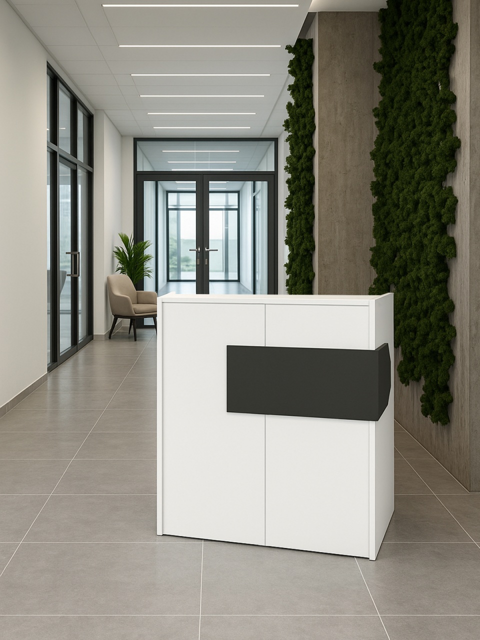 Birou recepție Aloha din pal melaminat alb-antracit cu iluminare LED, stil contemporan pentru spații profesionale, 95.5 x 40 x 110.3 cm