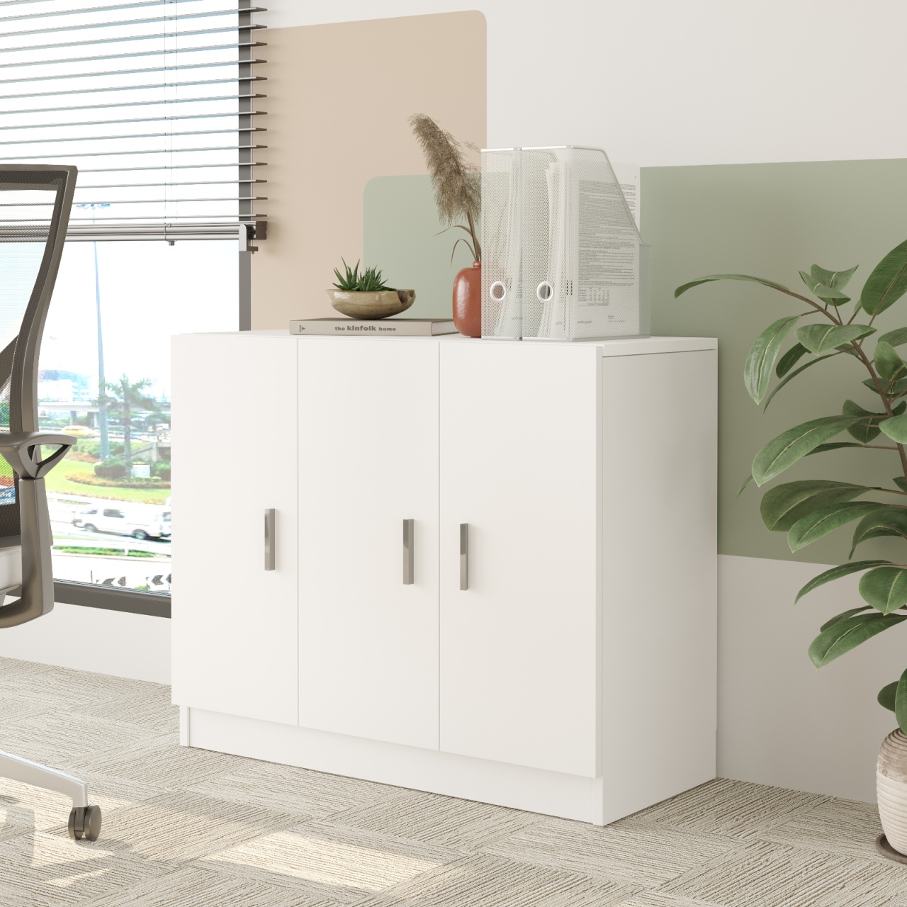 Comoda cu 3 usi UnicUtil Alb pentru birou 89.1 x 38.1 x 73.8 cm