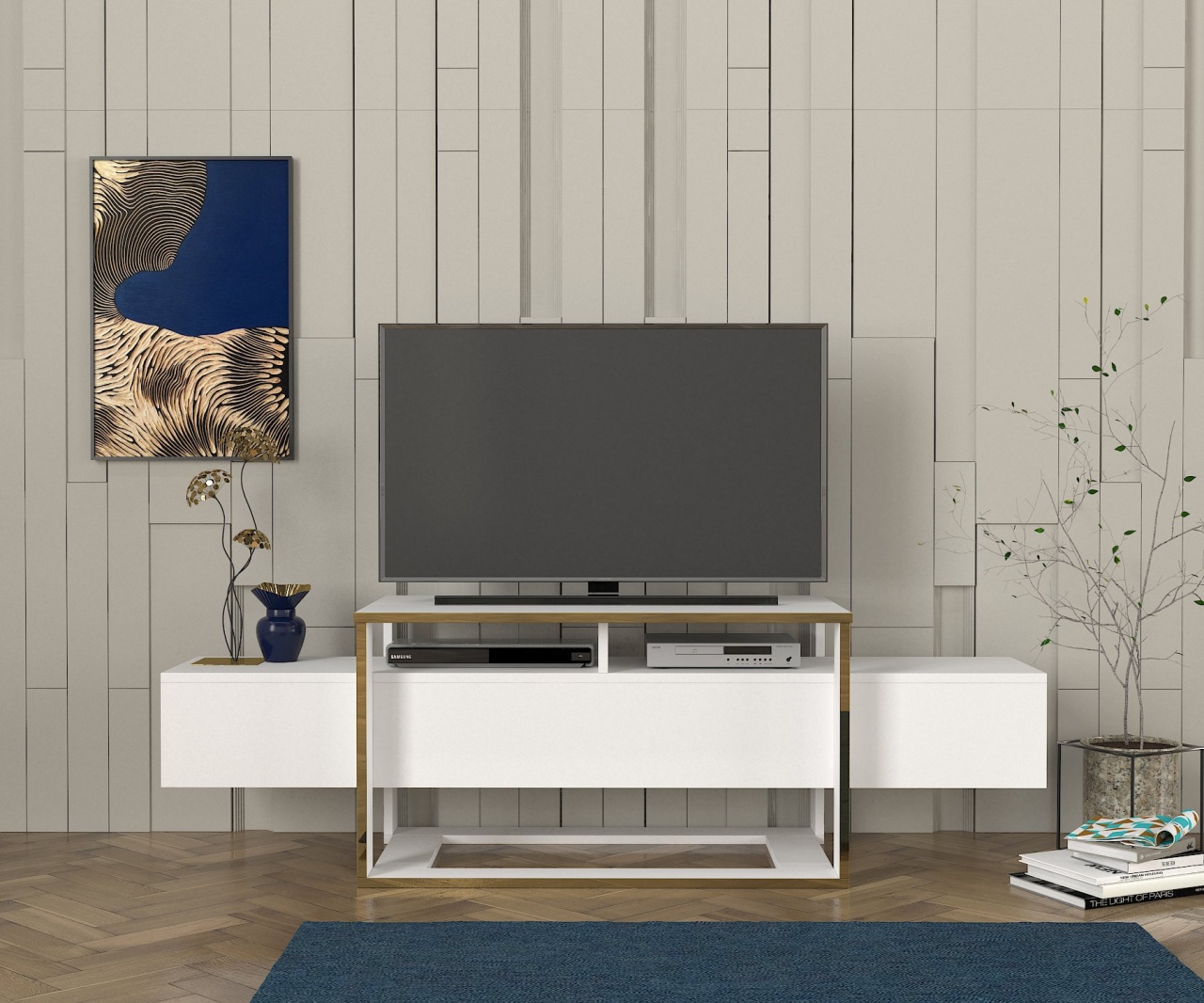 Comodă televizor Living White Serenity, 160 x 46.7 x 49.8 cm, Alb Auriu, UnicUtil