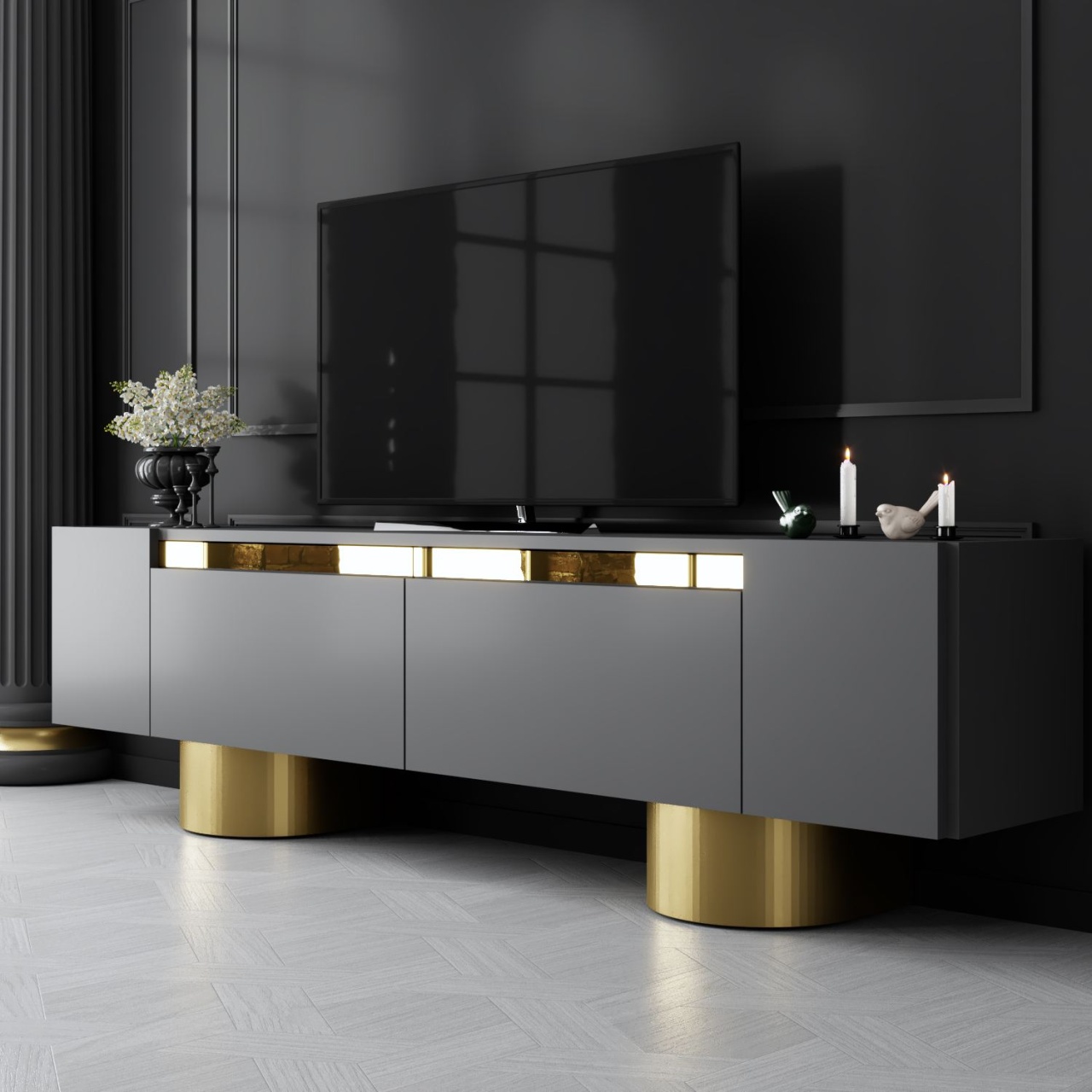 Comoda TV, Bohem Anthracite, UnicUtil, Antracit-Auriu, Lățime: 180 cm, Înălțime: 50 cm, Adâncime: 30 cm