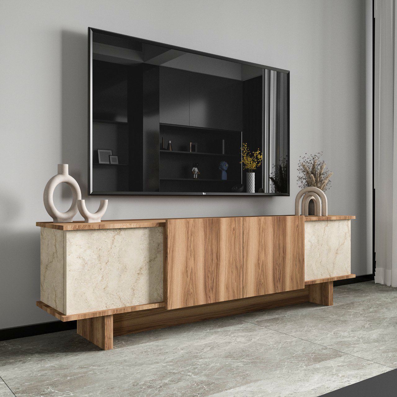 Comoda TV, Diana Travertine, UnicUtil, Travertin-Nuc, Lățime: 180 cm, Înălțime: 50 cm, Adâncime: 33 cm