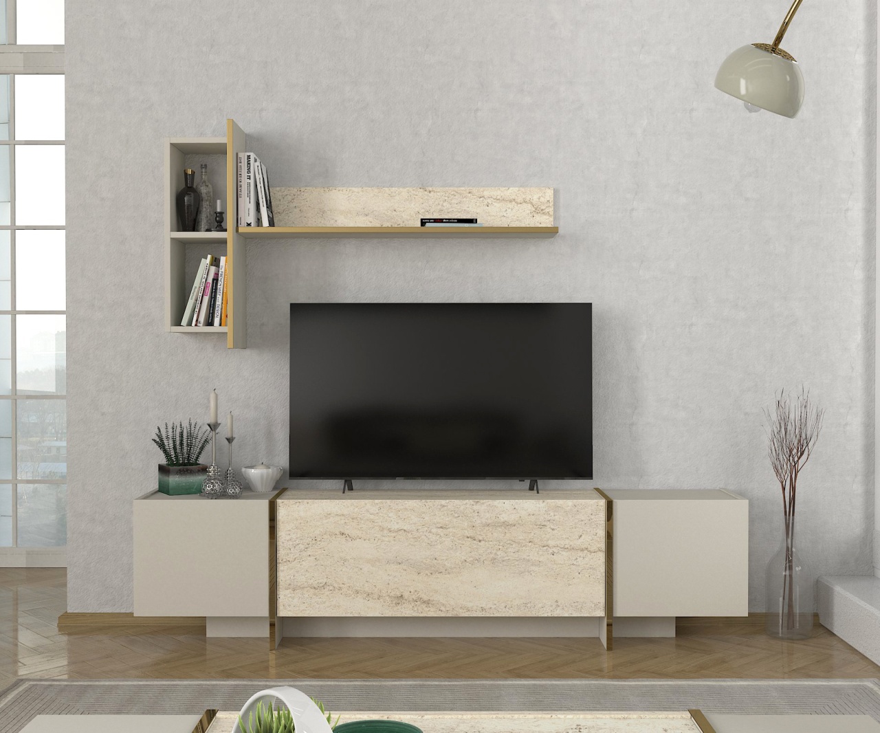 Comodă TV, Stone Vision, UnicUtil, 180 x 31.4 x 95 cm, Crem