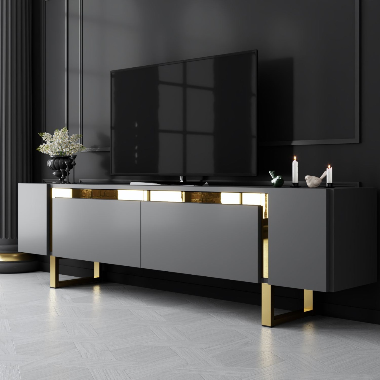 Comoda TV, Yildiz Anthracite, UnicUtil, Antracit-Auriu,Lățime: 180 cm, Înălțime: 50 cm, Adâncime: 30 cm
