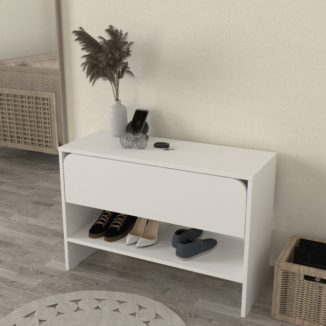 Pantofar Clementine din pal melaminat alb, design modern pentru depozitarea încălțămintei, 90 x 35 x 61.9 cm