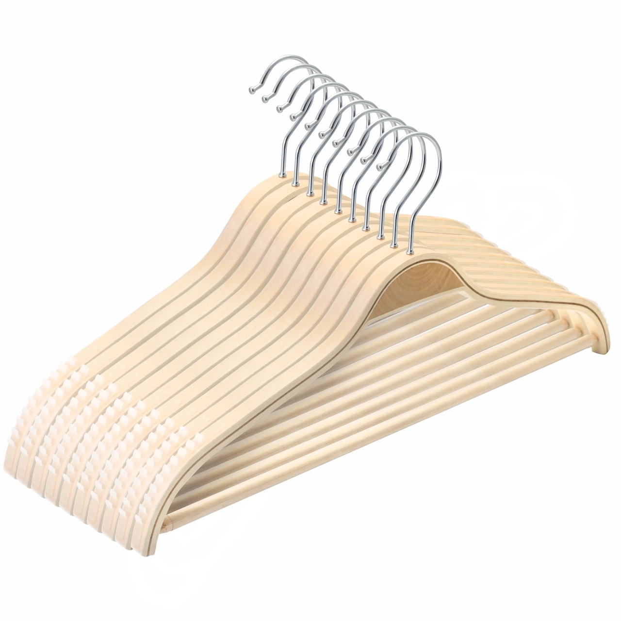 Umeraș din lemn cu margini de cauciuc anti-alunecare, pentru tricouri și bară pentru pantaloni, Natur, 1 bucata