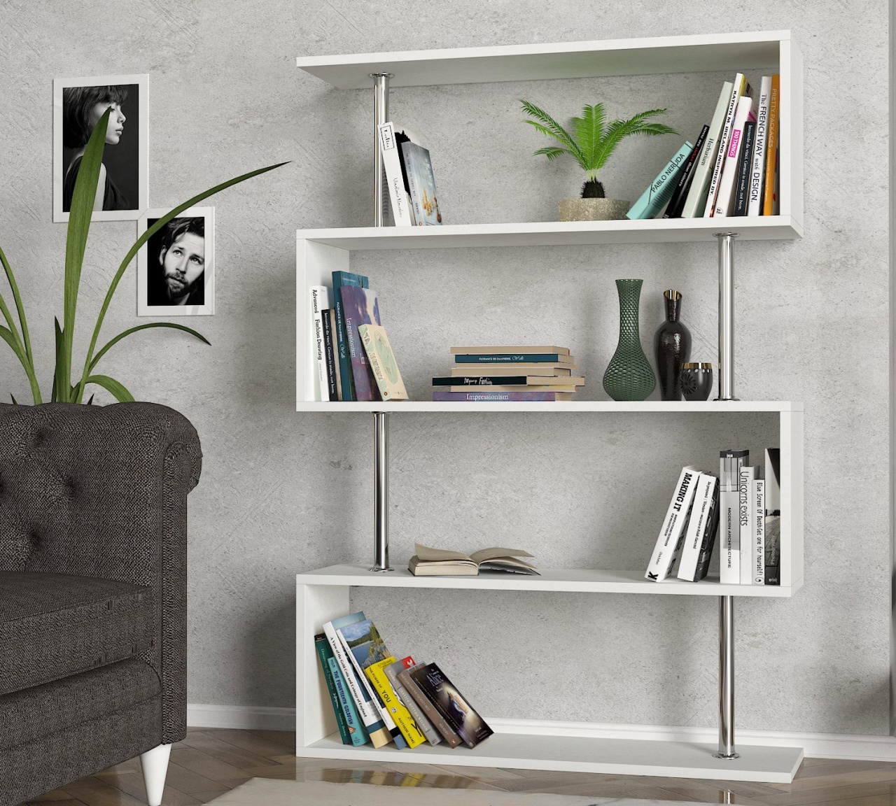Biblioteca, Geometric Haven, UnicUtil, 90 x 25 x 129 cm, Alb