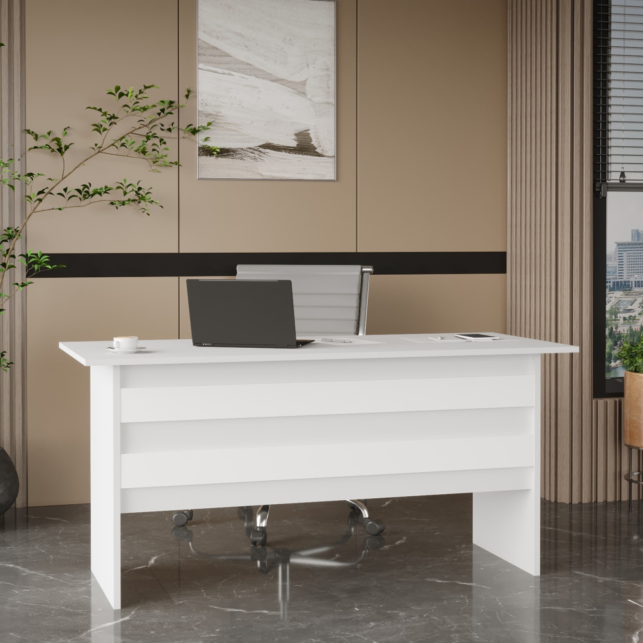 Birou UnicUtil Alb cu benzi orizontale pe frontal 180 x 60 x 73.8 cm