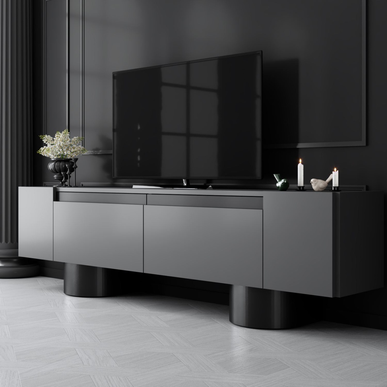 Comoda TV, Bohem Anthracite, UnicUtil, Antracit-Negru, Lățime: 180 cm, Înălțime: 50 cm, Adâncime: 30 cm