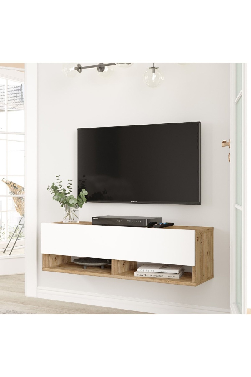 Comodă TV cu uși și raft, 100x31.6x29.6 cm, Pin-Alb, PAL melaminat, UnicUtil
