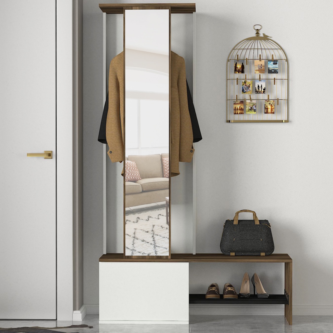 Cuier Multifunctional cu Oglinda si Pantofar, Smart Refine, UnicUtil, 120 x 34.8 x 199.3 cm, Alb-Maro