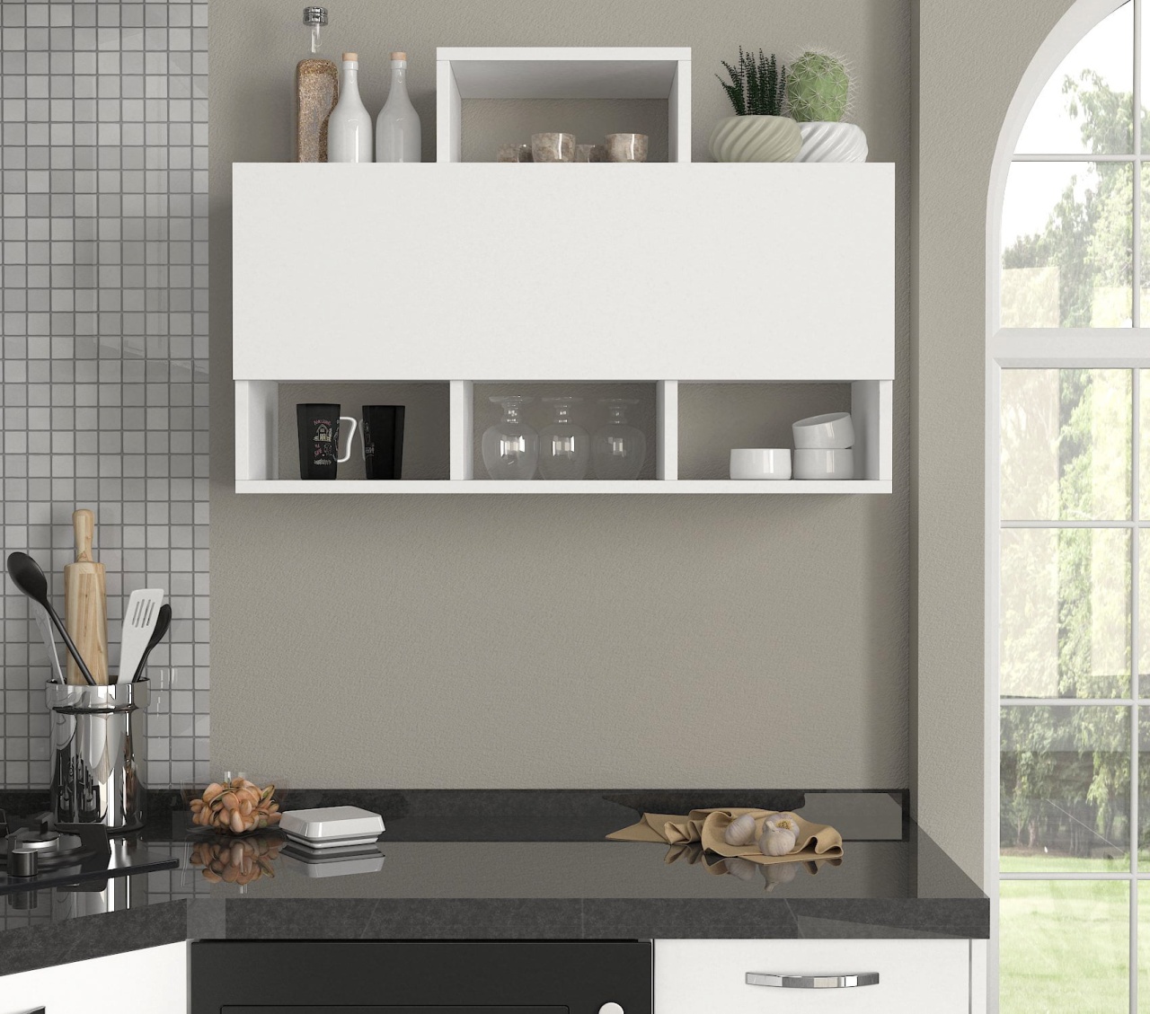 Etajera Organizator, pentru Bucatarie, Suport pentru Pahare, Mirodenii, UnicUtil, 90 x 30 x 61 cm, Alb