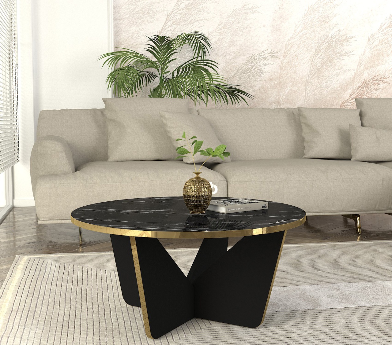 Masă de cafea, Marble Elegance, UnicUtil, 75 x 75 x 35 cm, Negru-Auriu