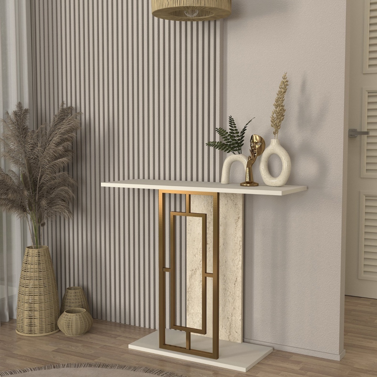 Masă decorativă Alderas din pal melaminat finisaj travertin, design elegant pentru spații moderne, 90 x 29.6 x 76.8 cm