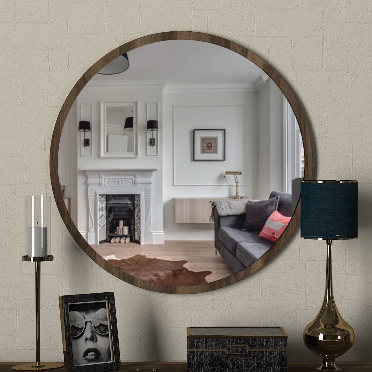 Oglinda de Perete Rotunda, BrownMirror Serenity, UnicUtil, diametru rama 59 cm, Maro
