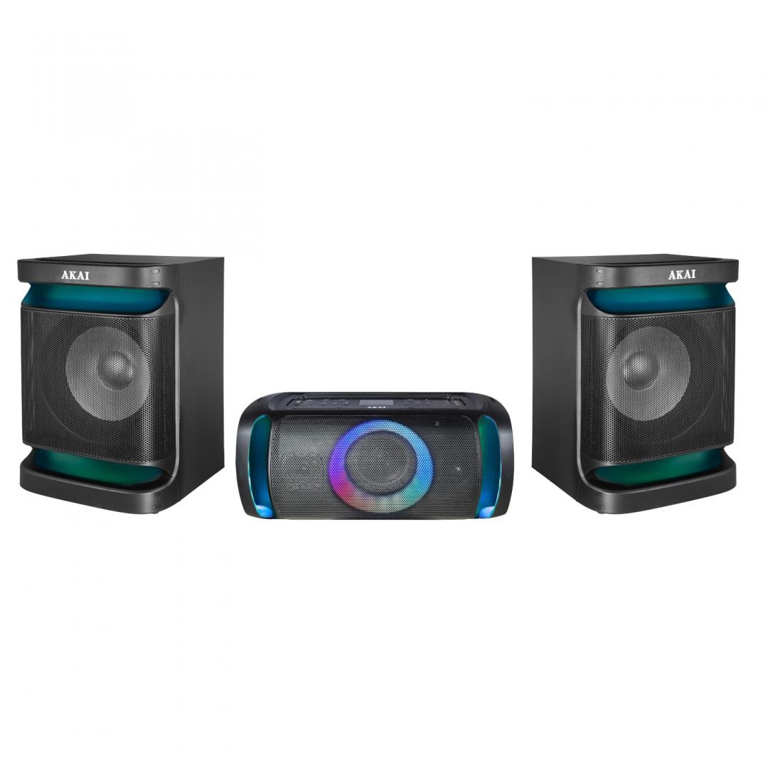 Sistem audio Akai Dual Speaker MX5, versiune BT 5.3, tip baterie Li-ion 2400mAh, voltaj baterie 12V, putere RMS 200W, format audio suportat MP3/WMA,