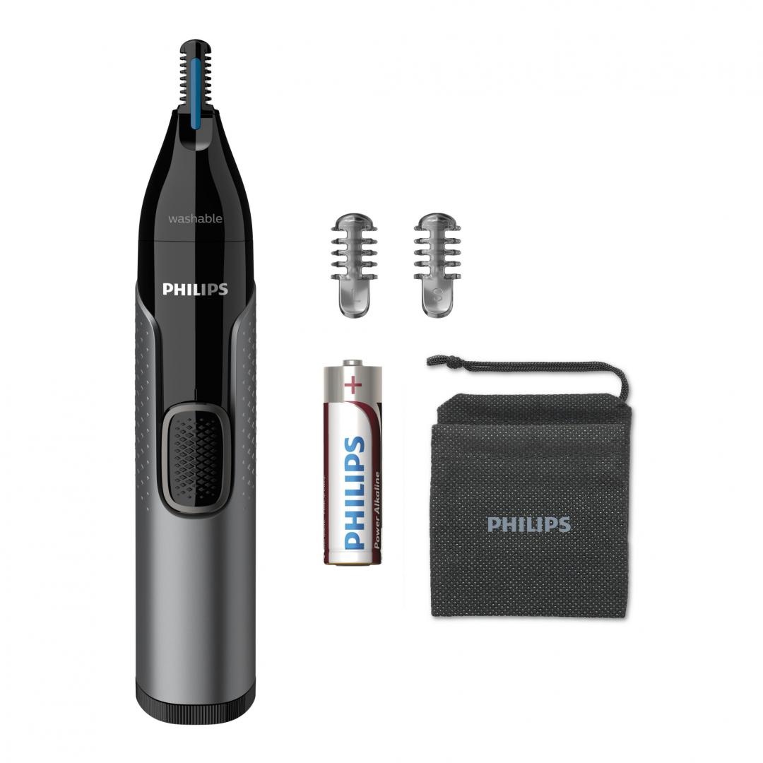 Trimmer pentru nas si urechi PHILIPS NT3650/16, Baterie, Lavabil, Tehnologie Precision Trim, Otel inoxidabil, Pieptene pentru sprancene, Pieptene 5