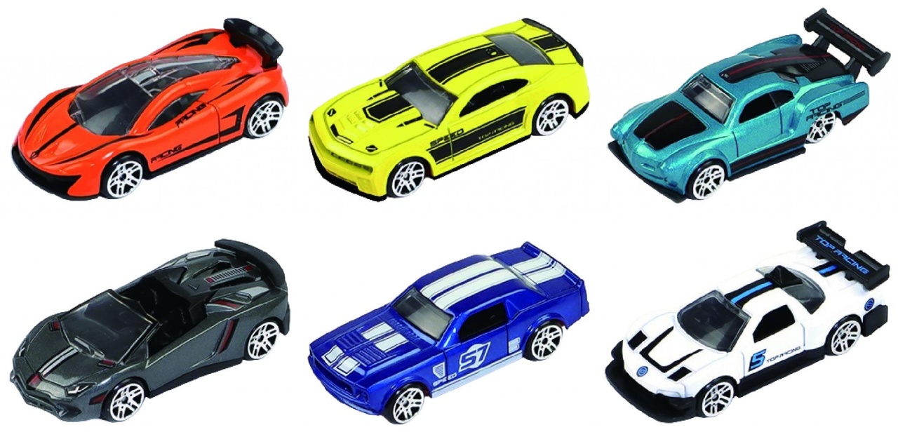 MACHETA DIE CAST, SET 6 MASINI CURSE, SCARA 1/64, 7.5CM, DIVERSE MODELE SI CULORI- PORTOCALIU, GALBEN, BLEU, NEGRU, ALBASTRU, ALB, MOV, ARGINTIU,