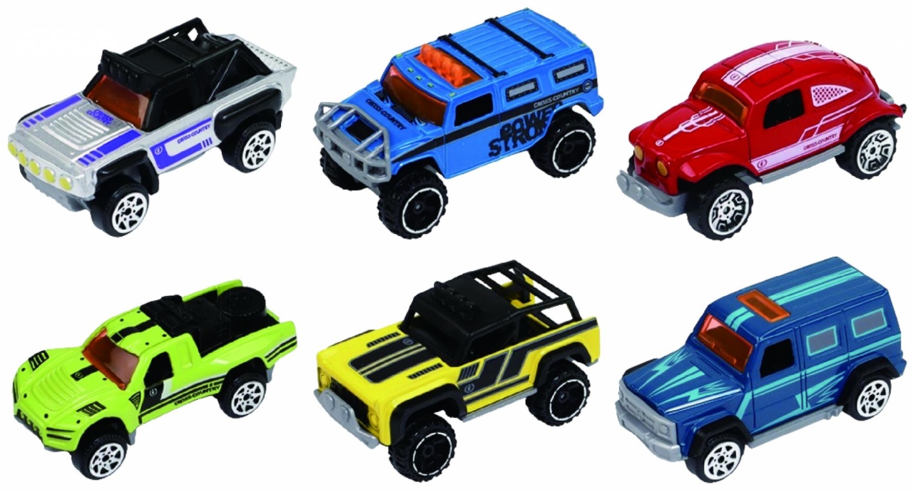 MACHETA DIE CAST, SET 6 CAMIONETE, SCARA 1/64, 7.5CM, DIVERSE MODELE SI CULORI- ALB, ALBASTRU DESCHIS, PORTOCALIU, VERDE, GALBEN,ALBASTRU INCHIS,