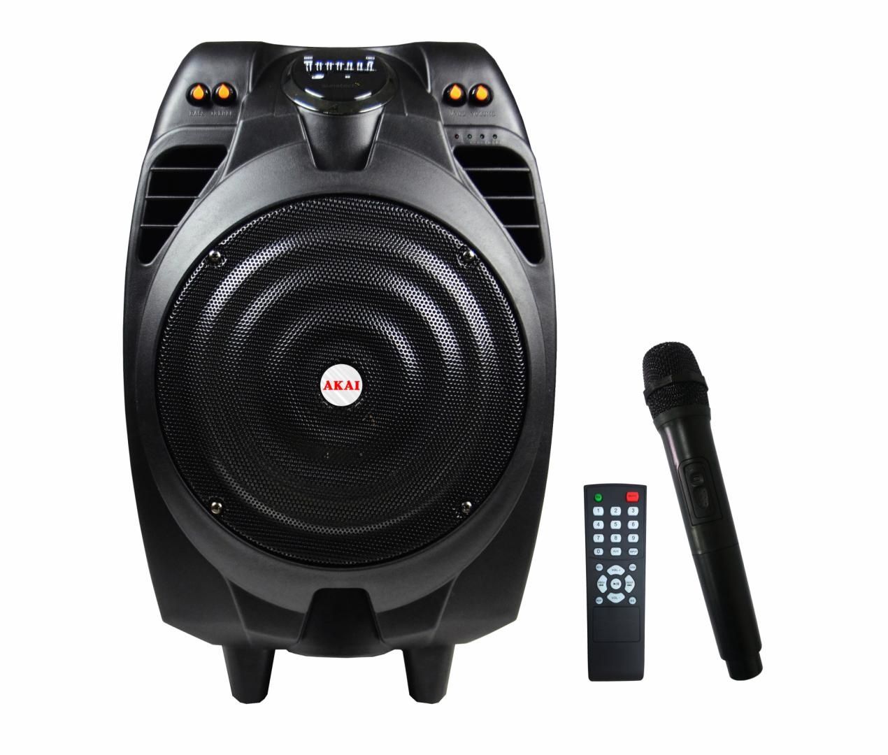 Boxa portabila Akai cu troller, putere totala 50W, autonomie 2-3h la volum maxim, timp de incarcare 4-6h, slot USB & SD card, raza de functionare de