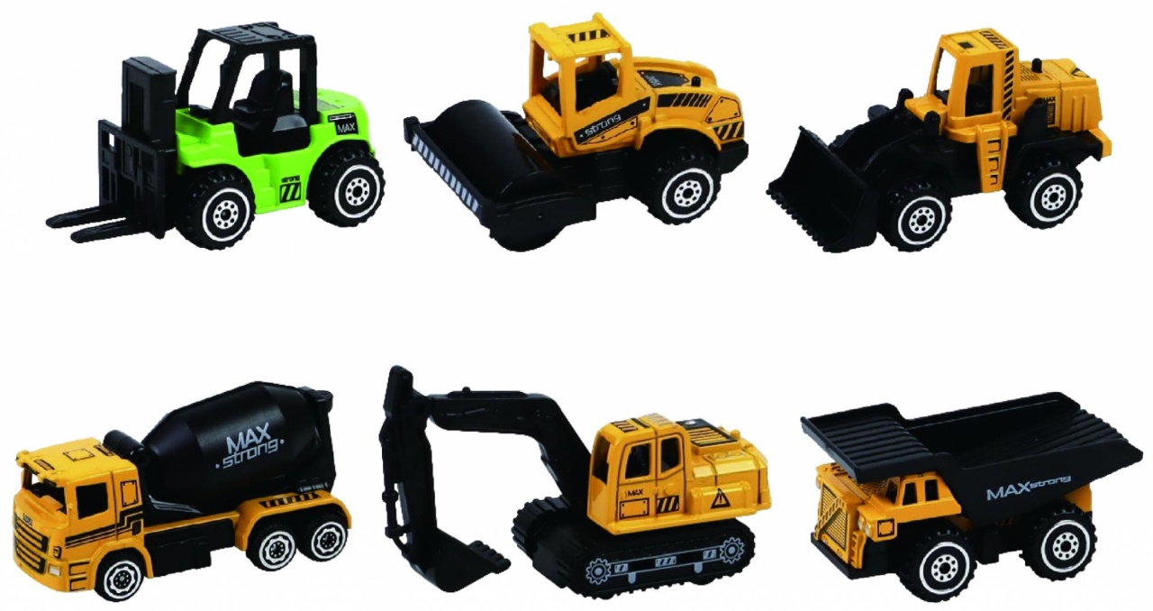 MACHETA DIE CAST, SET 6 UTILAJE, SCARA 1/64, 7.5CM, DIVERSE MODELE SI CULORI- INCARCATOR, COMPACTOR, BULDOZER, BETONIERA, EXCAVATOR SENILE,