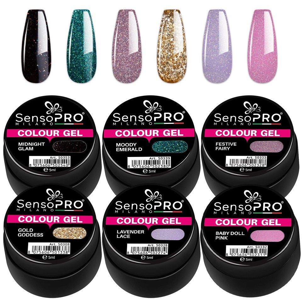 Set 6 Geluri UV Colorate Glam Sparkle, SensoPRO Milano