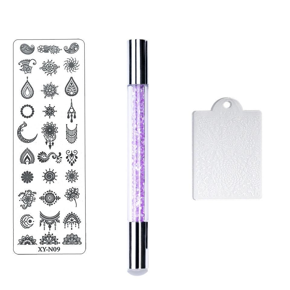 Set 3 in 1 Nail Art – Stampila cu maner mov argintiu, Matrita XY- N09, Racleta Accesorii