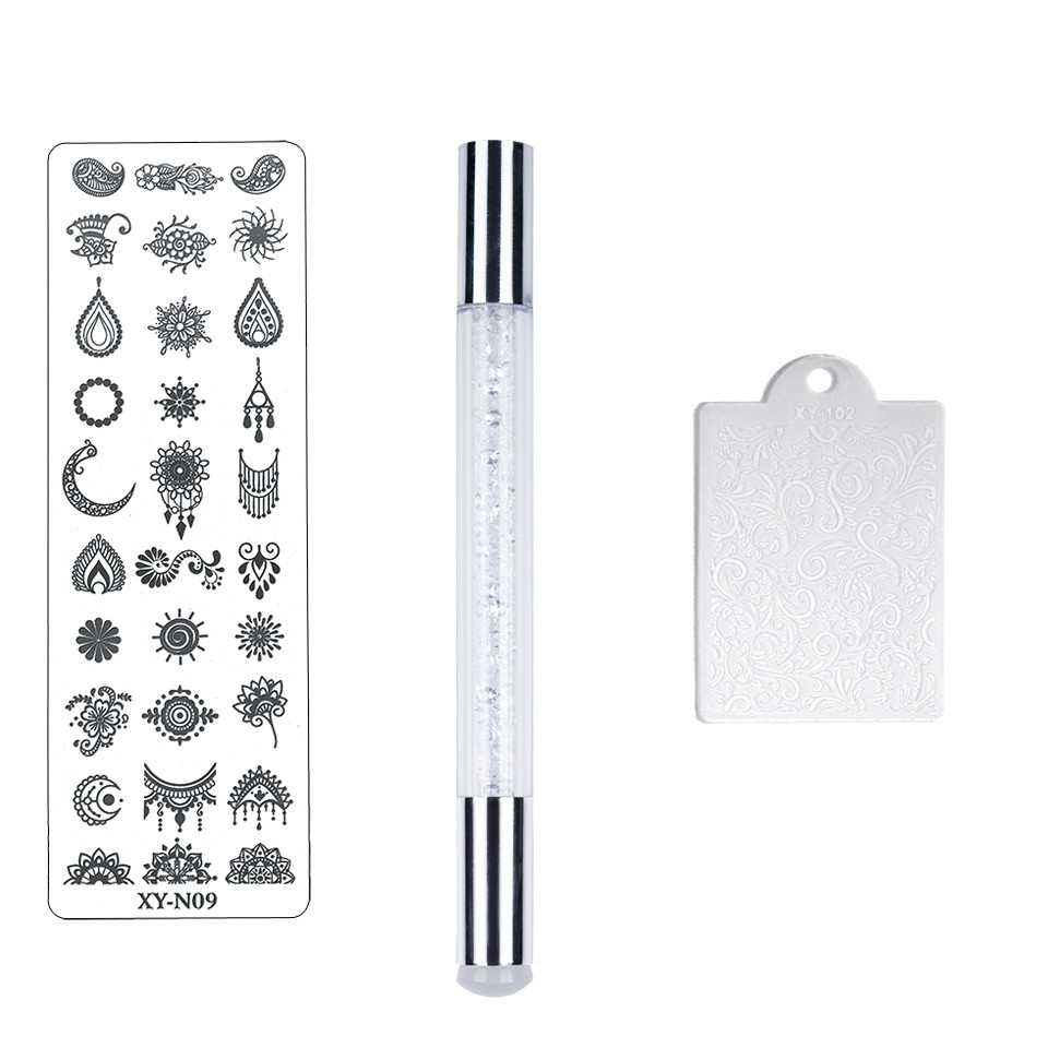 Set 3 in 1 Nail Art – Stampila cu maner alb argintiu, Matrita XY- N09, Racleta kitunghii.ro Accesorii Unghii