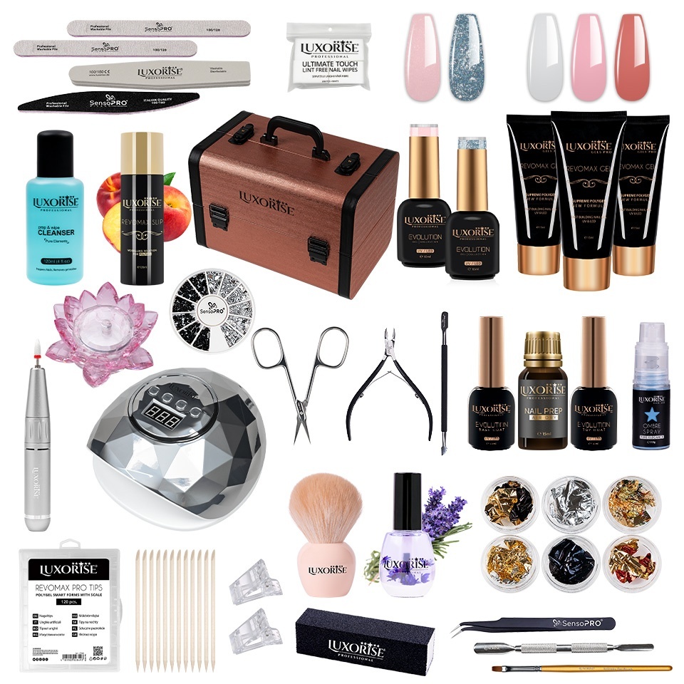 Kit Polygel REVOMAX LUXORISE MASTER Sculpt cu Lampa & Freza + CADOURI