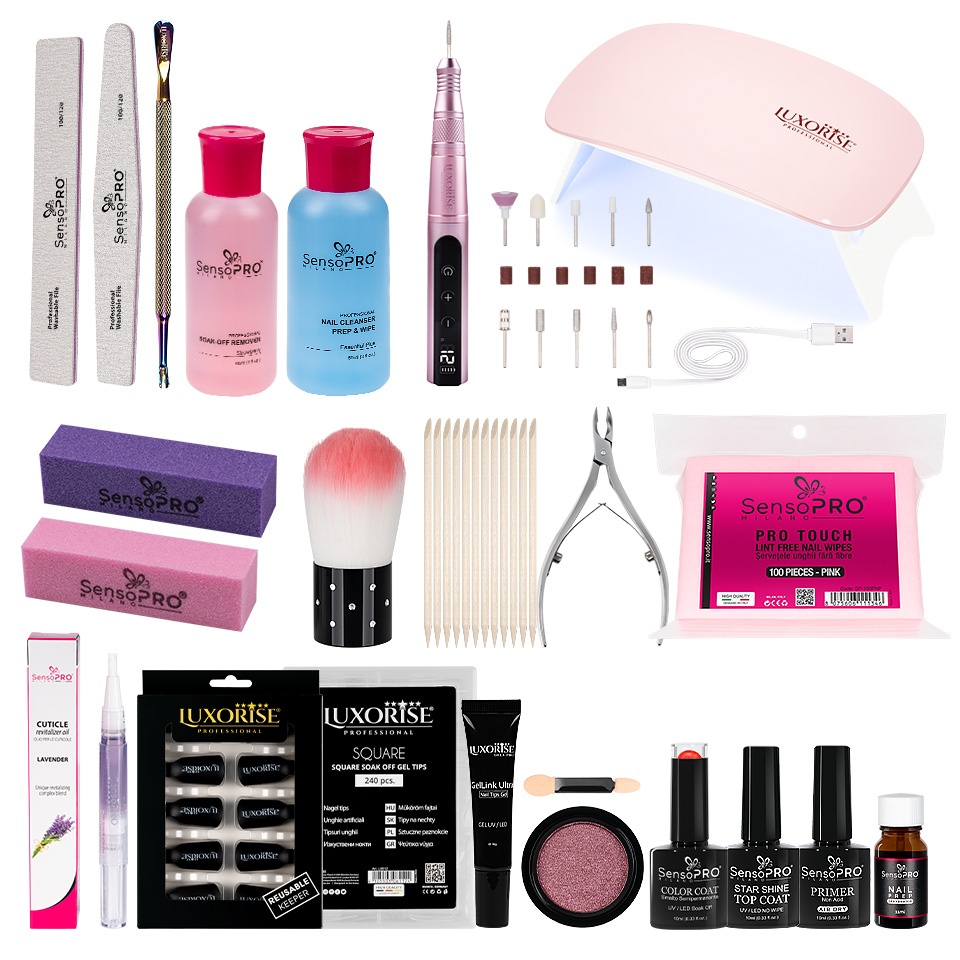 Kit Unghii False cu Tipsuri Soak Off Expert Nails + Freza & Lampa UV LED